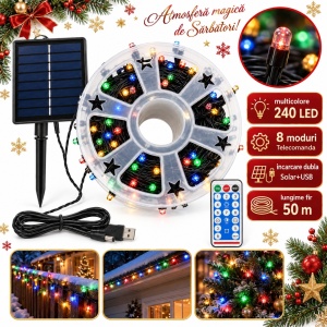 Instalatie de Craciun solara tip rola, 50m, 240 LED multicolor, telecomanda, incarcare USB - Img 2