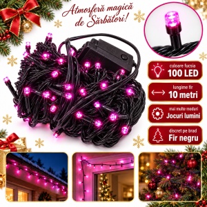 Instalatie LED tip Liniara, 100 LED Fucsia, 10 m, Fir Negru, Multiple Jocuri de Lumini - Img 2
