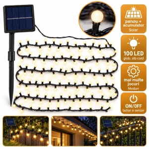 Instalație solară luminoasă de Crăciun, 100 LED alb cald, 10 m, LED in forma de globulet