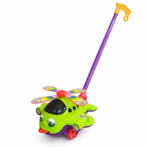 Jucarie impins elicopter copii cu maner, elice rotativa si design colorat verde
