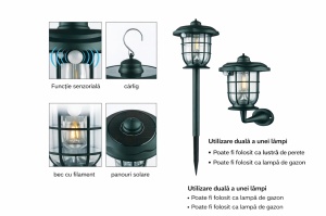 Lampa Solara Exterior 3in1 cu Senzor Miscare, Felinar, Lampa Gradina sau Aplica Perete - Img 2