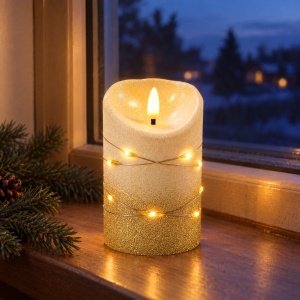 Lumânare decorativă LED cu efect flacără, sclipici auriu, plastic, 15x9 cm - Img 3