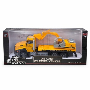 Masinuta constructii cu macara, model metalic die-cast, 26.5 cm, functie pull back,
