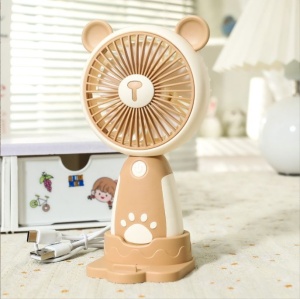 Mini Ventilator Portabil USB cu 3 Viteze, Suport Telefon si Baza, Model Urs, Bej