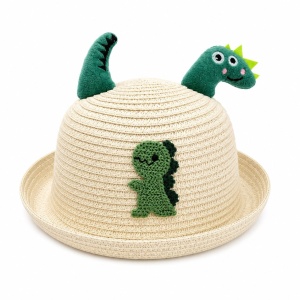 Palarie Crosetata Copii cu Tematica Dinozaur, Bumbac, Design Handmade, Crem-Verde