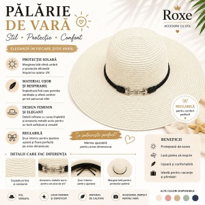 Pălărie Damă Alb Ivory de Vară cu Bor Lat și Curea Decorativă cu Accesoriu Metalic - Img 2