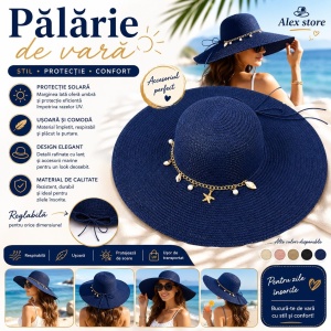 Pălărie Damă Bleumarin de Vară cu Bor Lat, Lanț Decorativ și Perle Elegante - Img 2