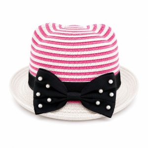 Palarie de soare eleganta pentru fetite, model roz-alb cu funda neagra si perlute