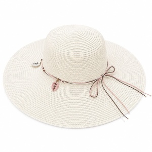 Palarie de Soare pentru Femei, Crem, cu Frunze si Fundita, Boruri Largi, Design Elegant de Vara - Img 1