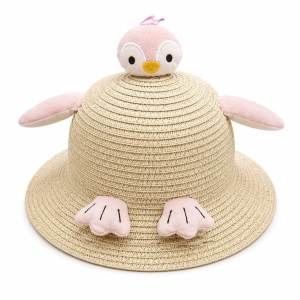 Palarie de Vara Crem pentru Copii, cu Design Pinguin Roz si Protectie UV
