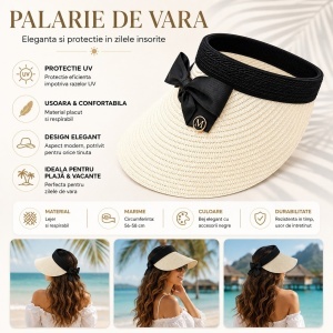 Palarie de Vara Tip Cozoroc pentru Femei, Bej cu Fundita Neagra Eleganta - Img 2