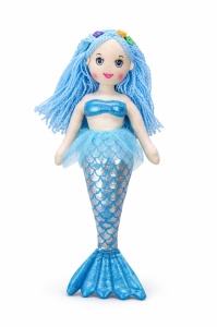 Papusa sirena textila muzicala 42 cm, canta „Bau Bau”, albastru, jucarie copii +3 ani