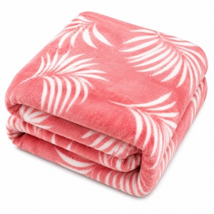 Patura Cocolino Pufoasa cu Model Frunze Tropicale, 200x220 cm, Roz Coral