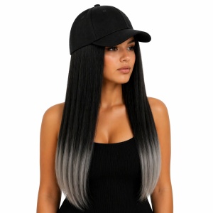 Peruca lunga 50 cm cu sapca neagra, par negru cu efect ombre gri - Img 2