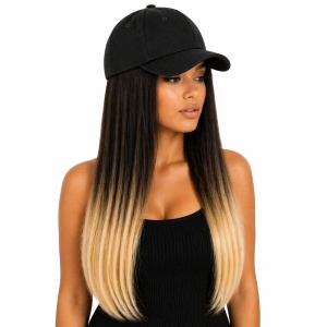 Peruca lunga 50 cm cu sapca neagra, par negru cu ombre blond - Img 2