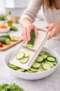 Răzătoare de bucătărie tip mandolină, plastic alb, control ergonomic - Img 3