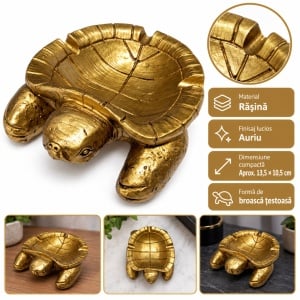 Scrumieră decorativă broască țestoasă din rășină, auriu, 15 x 13 cm