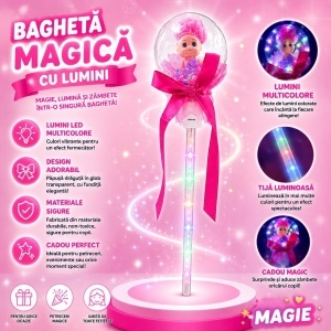 Set 10 baghete magice cu lumini LED roz si papusica in glob pentru copii
