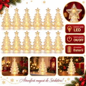 Set 12 brăduți decorativi LED de Crăciun cu sclipici auriu, din plastic, 14,5x7,5 cm