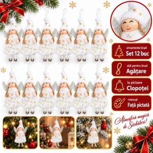 Set 12 bucăți ornamente de brad înger de Crăciun, cu clopoței, blăniță albă, 15x8 cm - Img 2