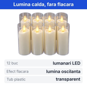 Set 12 lumanari LED decorative in tub plastic transparent, efect flacara, 10,5x5,5cm - Img 2