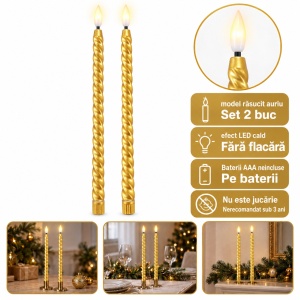 Set 2 buc Cu Lumânări LED aurii, model răsucit, efect flacără realist, 25 cm