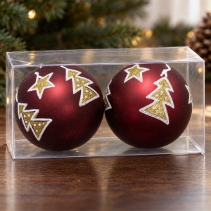 Set 2 Globuri de Crăciun, Vișiniu Mat, cu Brăduți și Steluțe Aurii cu Sclipici, 20x10cm - Img 10