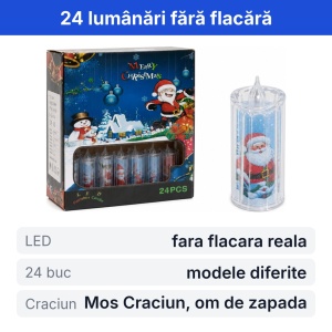 Set 24 lumânări LED decorative de Crăciun, fără flacără, diverse modele, plastic, 8x4cm - Img 2