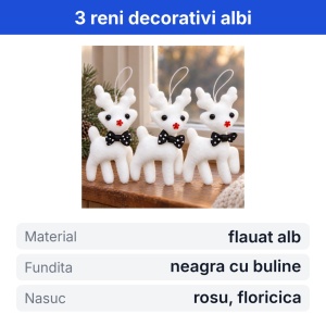 Set 3 figurine reni decorativi, material alb, cu fir pentru agatare, 18x11x4cm - Img 2