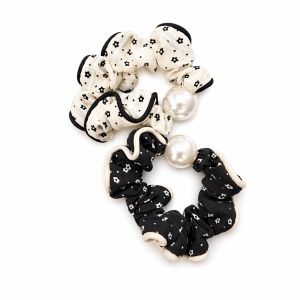 Set 50 elastice de păr tip scrunchie, din material textil, cu perlă decorativă - Img 2