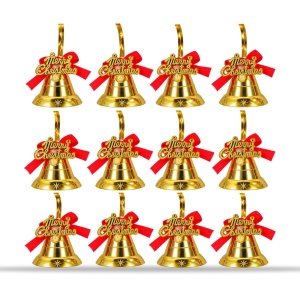 Set 9 buc Clopoței aurii de brad, fundiță roșie, plastic și PVC, 3,5 cm, aprox. 5,5×5,5 cm - Img 3