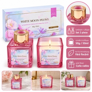 Set cu lumânare din soia și difuzor cu bețișoare, parfum floral, cutie roz