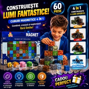 Set Cuburi Magnetice 60 Piese, Joc de Construcție Magnetic cu Blocuri Pixelate, Dezvoltă Creativitatea - Img 3