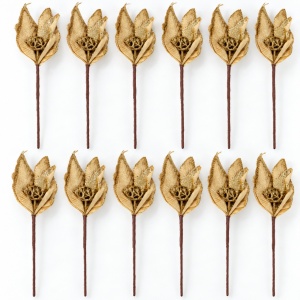 Set de 12 decoratiuni de Crăciun in forma de floare, auriu cu sclipici, 37x22 cm - Img 3