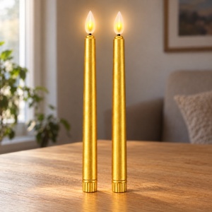 Set de 2 Lumânări LED cu efect de flacara realist, conice, din plastic, auriu, 25cm - Img 3
