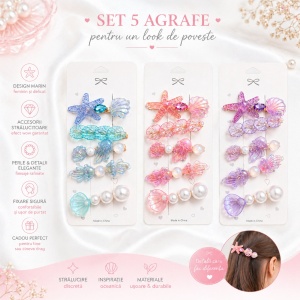 Set de 5 Clame de Păr Ocean – Scoici, Stea de Mare și Perle, Culori Diverse
