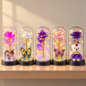Set de 5 Cupole cu trandafir artificial și lumini LED, modele aleatorii , din plastic - Img 5