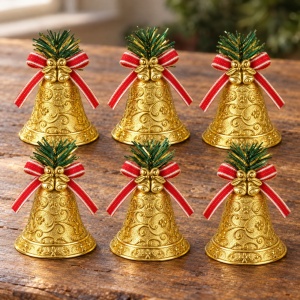 Set de 6 clopoței decorativi aurii de Crăciun, model floral reliefat, 32×19 cm - Img 5