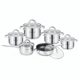Set oale inox HausRoland 12 piese cu capace din sticlă, tigaie și cratiță, compatibil inducție