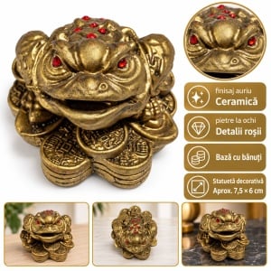 Statuetă broască feng shui cu bănuți, ceramică aurie, 6,5x5,5 cm