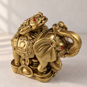 Statuetă Feng Shui elefant cu broască, monede și lingouri, rășină aurie, aprox. 11 × 9,5 × 7 cm - Img 4