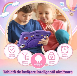 Tableta pentru copii 7 inch Android, 4GB RAM, 128GB, husa silicon, camera dubla, mov - Img 6