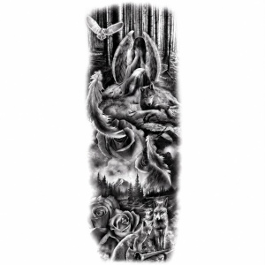 Tatuaj Semipermanent, Model Înger, Lup și Pădure, Realist – 45 cm