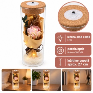 Trandafir roz de săpun în cupolă de sticlă cu lumini LED, buton ON/OFF, 25 cm - Img 5