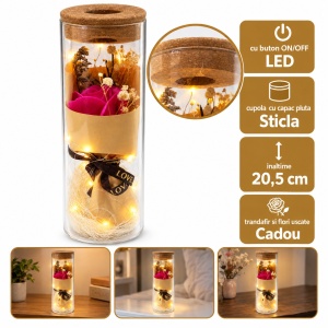 Trandafir roz inchis de săpun în cupolă de sticlă cu lumini LED, buton ON/OFF, 25 cm - Img 2