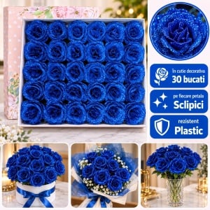 Trandafiri artificiali cu sclipici, set 30 bucăți, albastru-închis, plastic, 8cm