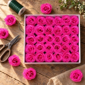 Trandafiri artificiali cu sclipici, set 30 de bucăți, fucsia, plastic, 8cm - Img 4