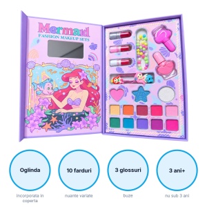 Trusa de machiaj pentru copii Mermaid, cu oglinda incorporata, IGOODCO IG-3176 - Img 2