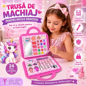 Trusă de Machiaj Unicorn pentru Copii, 24 Piese – Set Machiaj cu Oglindă, Pensule și Accesorii