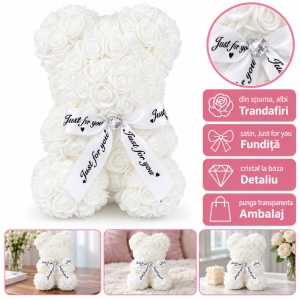 Ursuleț din trandafiri de spumă, alb, cu fundiță „Just for you”